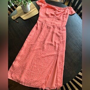 Pink and white polka dot midi dress